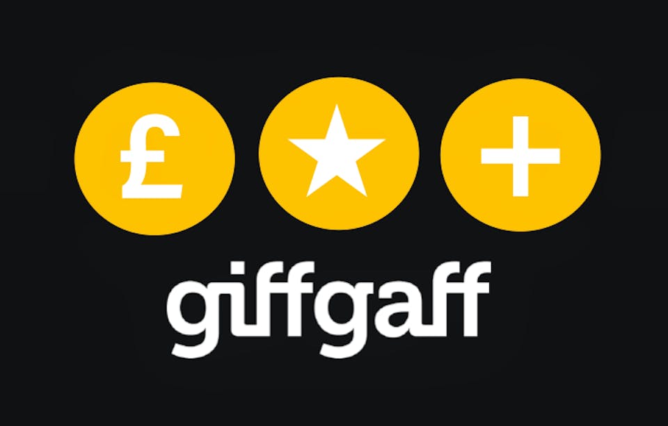 The giffgaff logo, underneath a pound sign, a star and a positive symbol.