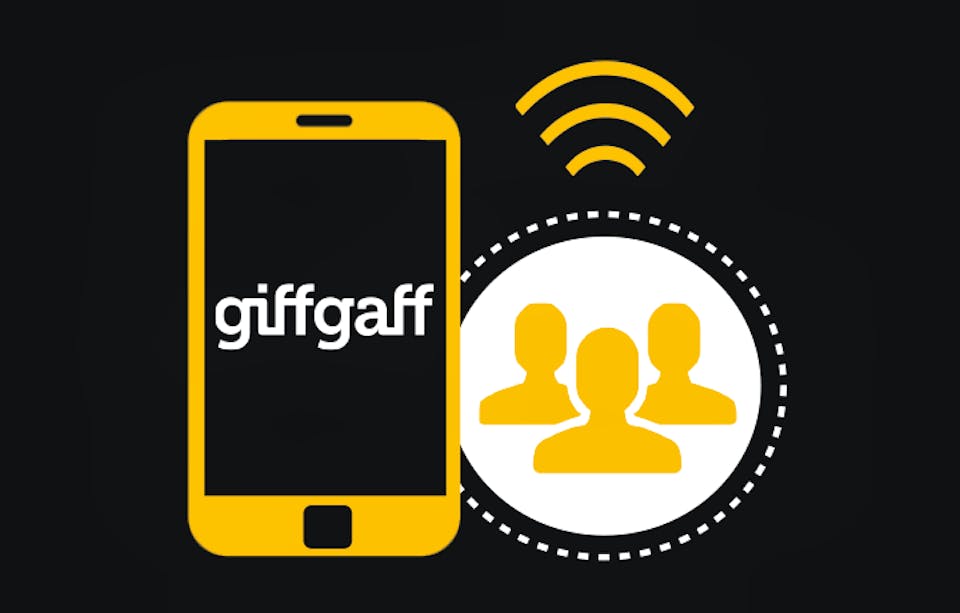 Illustration of a smartphone with the giffgaff logo, and a circle with three heads.