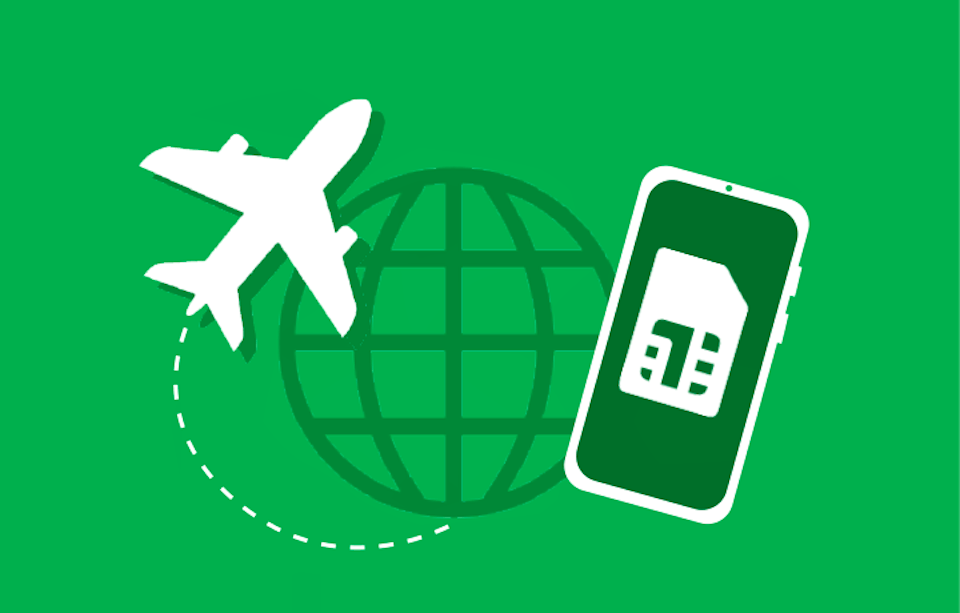 Illustration showing an aeroplane, a 2D globe and a smartphone.