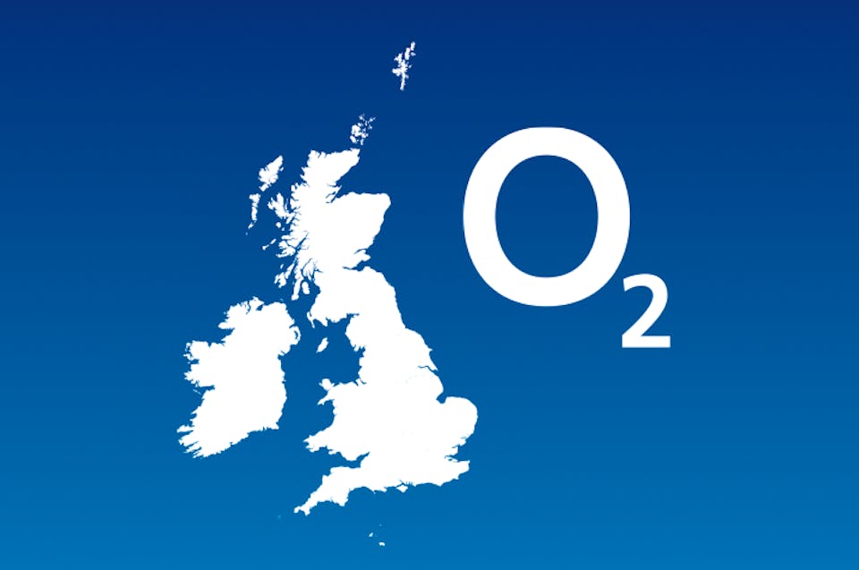 Illustration of the UK next to O2's logo.