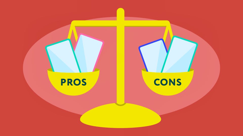 A set of scales, with two phones on either side and 'Pros' written on the left and 'Cons' written on the right.