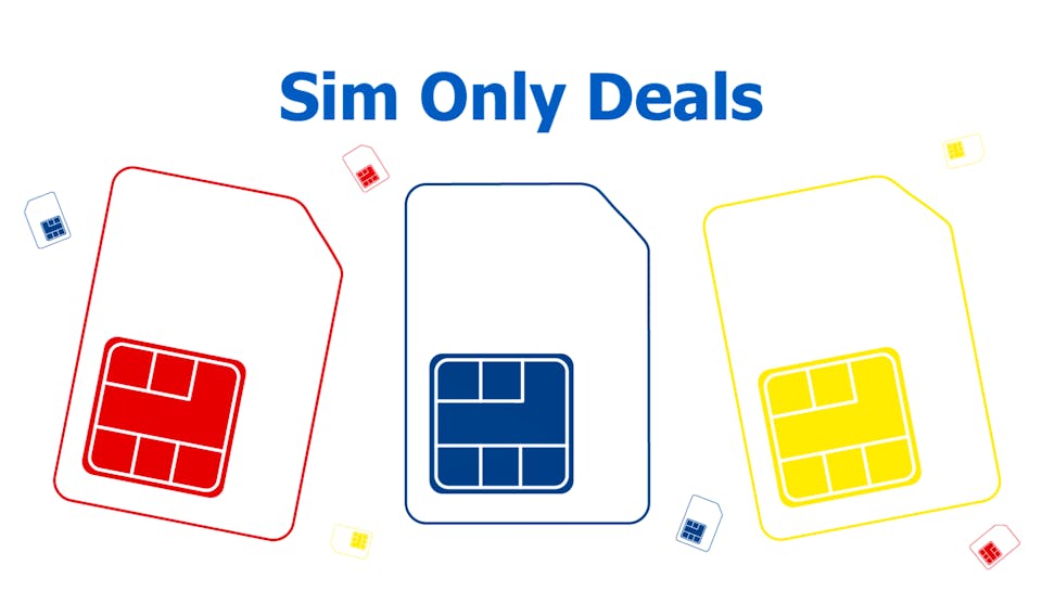 Three large SIM cards of different colours, with various smaller SIM cards floating around them and above a title which reads 'Sim Only Deals' 