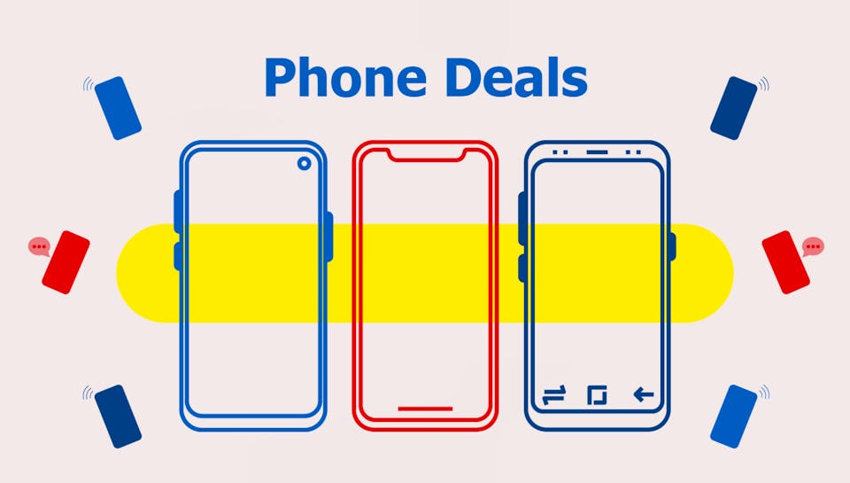 Three phones of different colours with various smaller ones floating around them, then the title 'Phone Deals' above.