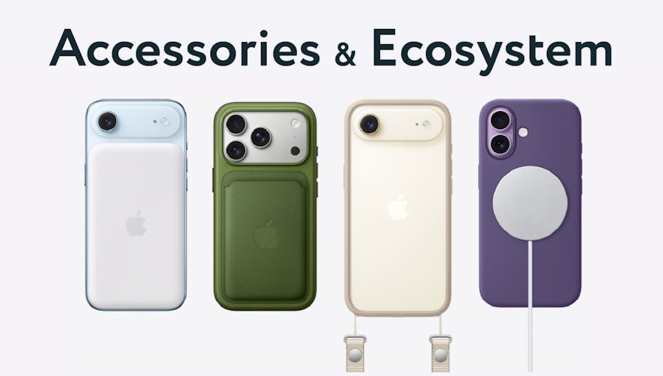 Shots of various iPhone accessories, such as AirPods and cases