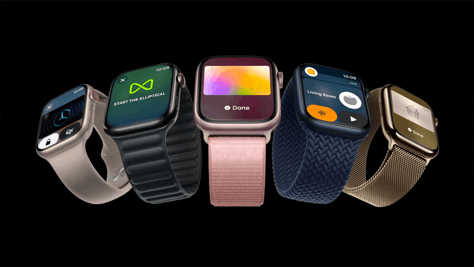 The Apple Watch Series 9 showing different displays, in different colours and with different bands 