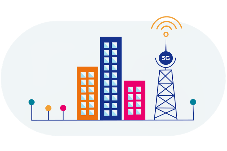 network coverage illustration showing a 5G tower and buildings