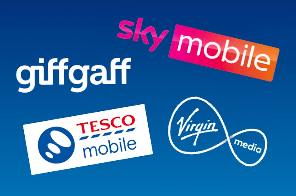 Logos representing other mobile networks that use O2. The logos are for giffgaff, Sky Mobile, Tesco Mobile and Virgin Media.